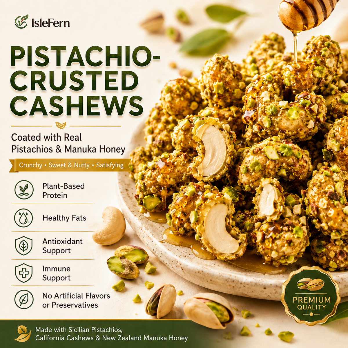 Artisan Pistachio-Crusted Cashews with Real Manuka Honey  -$AC